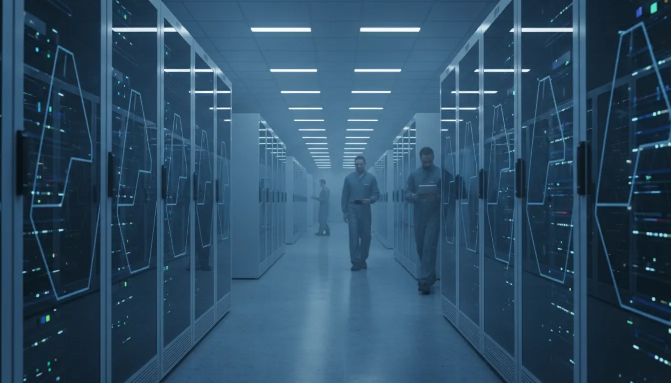 Rows of servers in a secure data center facility used by an online gaming platform, illuminated by blue operational lighting