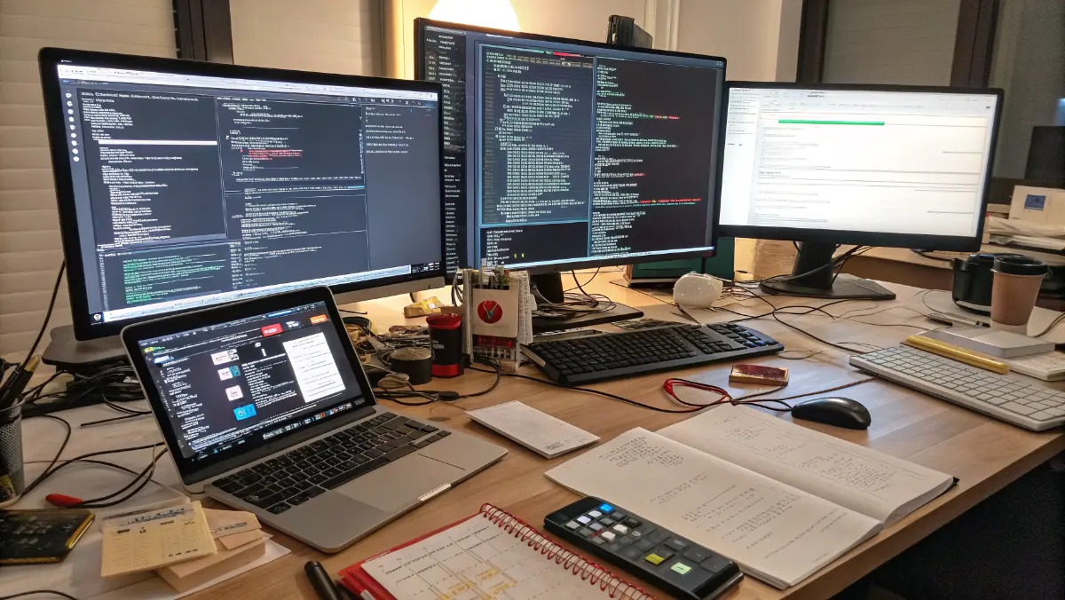 Hacker workspace with multiple monitors showing code and security tools