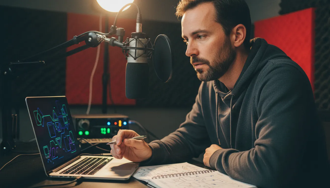 Podcast host sitting at a microphone in a recording studio, reviewing notes about cybersecurity topics on a laptop