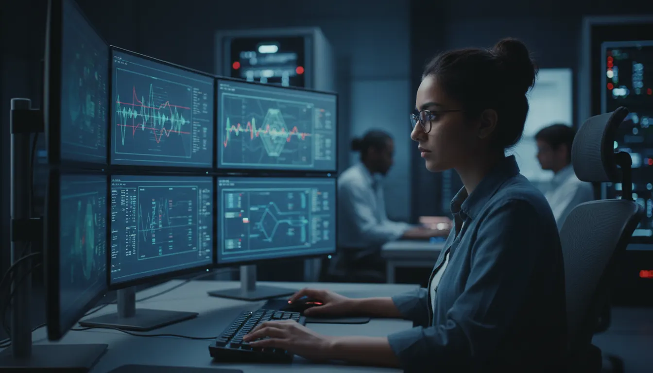 A cybersecurity analyst monitoring threat activity on multiple screens at a gaming platform operations center