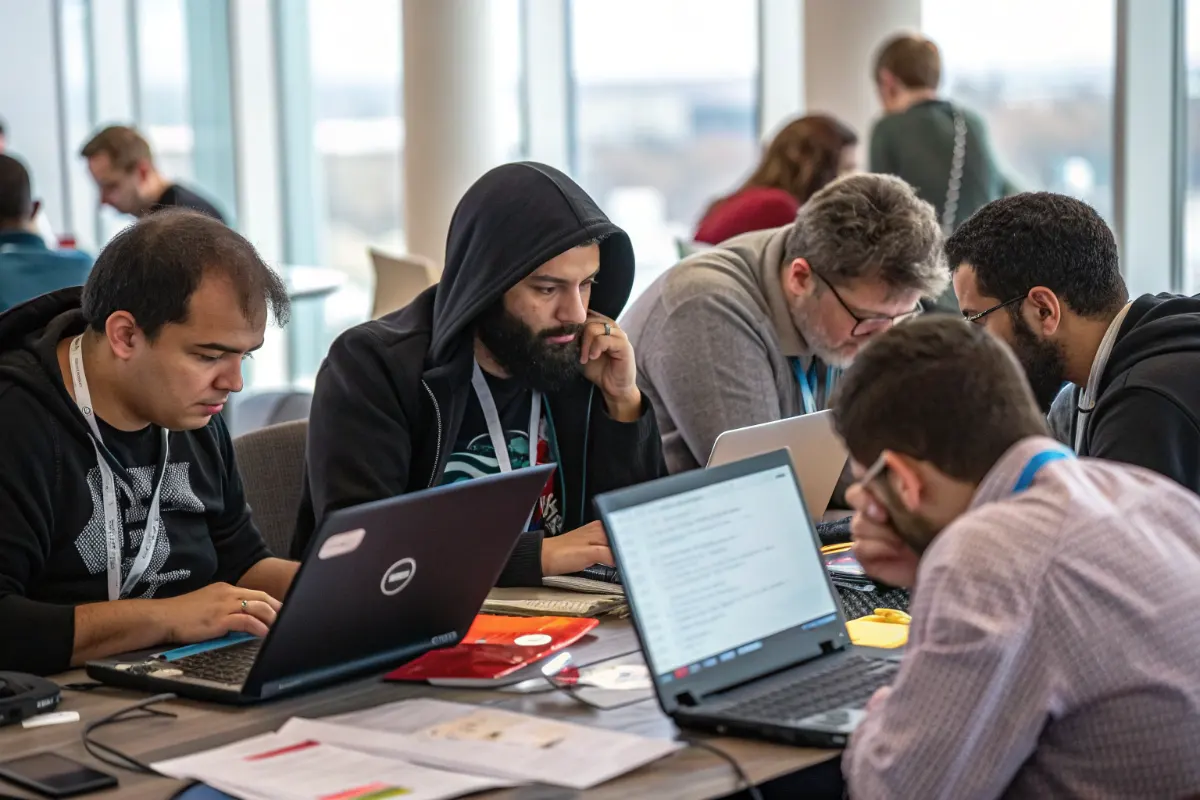 Group of cybersecurity enthusiasts discussing vulnerabilities at a community meetup